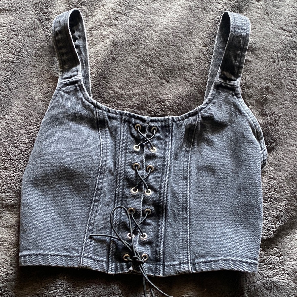 goth lace up gray denim crop top